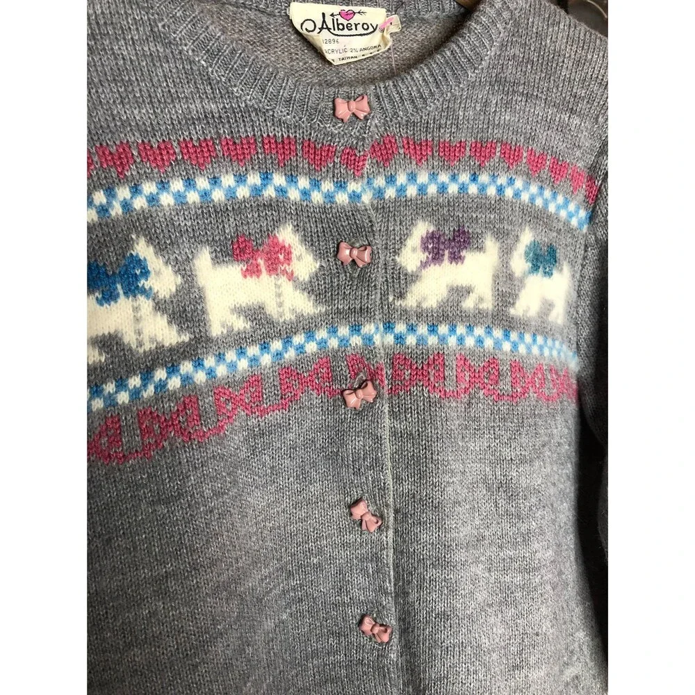 1970s ALBEROY Bow, RIBBON, Hearts, & Angora DOGs Cardigan W/Bow Buttons. S-M - Picture 5 of 16